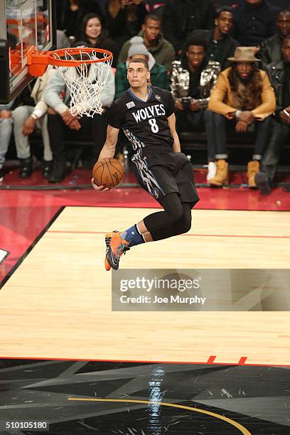 Zach LaVine of the Minnesota Timberwolves dunks the ball during the Verizon Slam Dunk Contest as part of NBA All-Star 2016 on February 13, 2016 at...