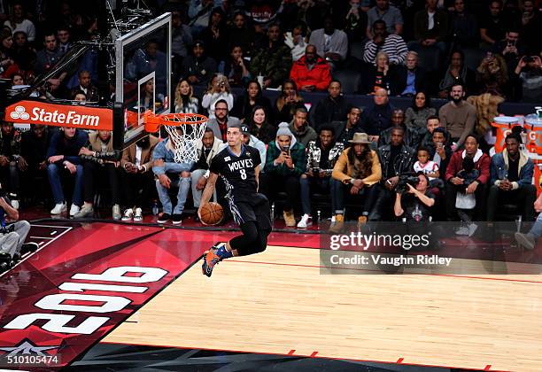 Zach LaVine of the Minnesota Timberwolves dunks in the Verizon Slam Dunk Contest during NBA All-Star Weekend 2016 at Air Canada Centre on February...