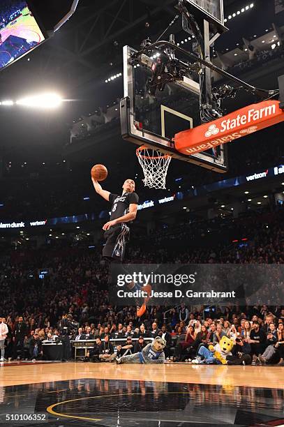Zach LaVine of the Minnesota Timberwolves goes up for the dunk during the Verizon Slam Dunk Contest as part of the 2016 NBA All Star Weekend on...