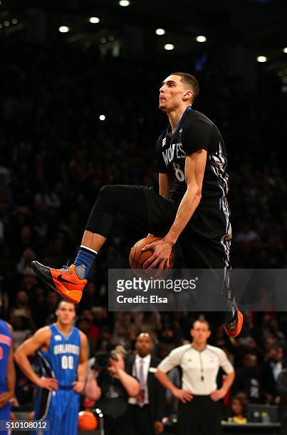 Zach LaVine of the Minnesota Timberwolves dunks in the Verizon Slam Dunk Contest during NBA All-Star Weekend 2016 at Air Canada Centre on February...