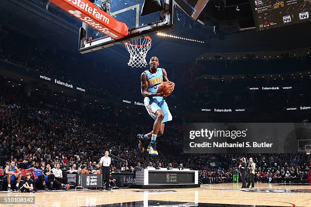 Will Barton of the Denver Nuggets attempts to dunk the ball during the Verizon Slam Dunk Contest during State Farm All-Star Saturday Night as part of...