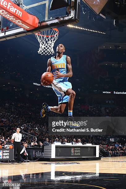 Will Barton of the Denver Nuggets attempts to dunk the ball during the Verizon Slam Dunk Contest during State Farm All-Star Saturday Night as part of...