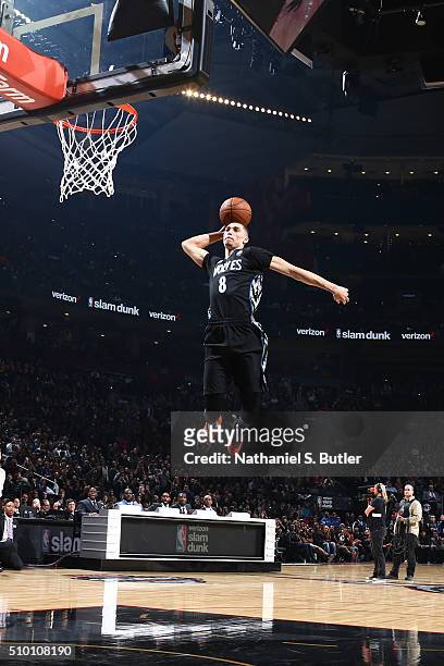 Zach LaVine of the Minnesota Timberwolves dunks the ball during the Verizon Slam Dunk Contest during State Farm All-Star Saturday Night as part of...