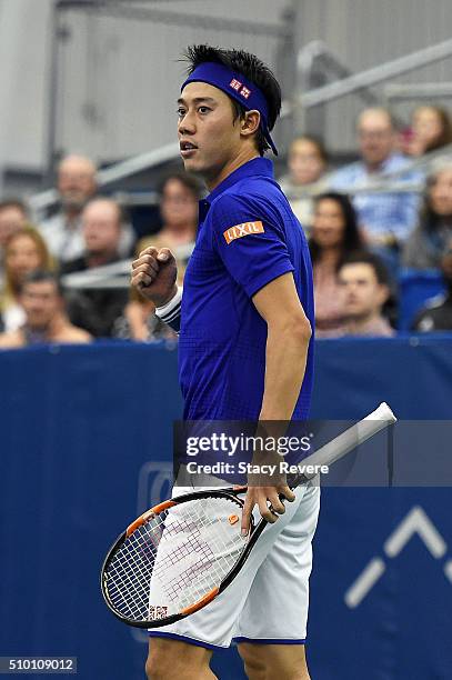 Kei Nishikori of Japan reacts to a shot during his semi-final singles match against Sam Querrey of the United States on Day 6 of the Memphis Openat...
