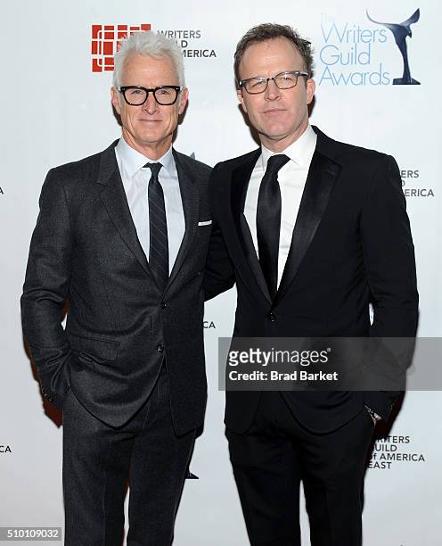 John Slattery and Tom McCarthy attend 2016 Writers Guild Awards New York Ceremony the Edison Ballroom on February 13, 2016 in New York City.