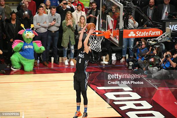 Zach LaVine of the Minnesota Timberwolves attempts a dunk during the Verizon Slam Dunk Contest during State Farm All-Star Saturday Night as part of...