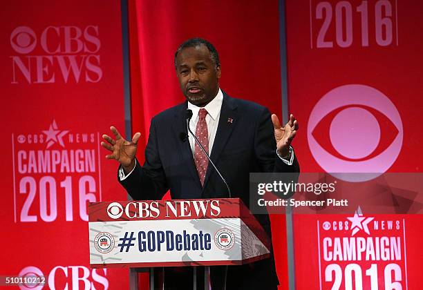 Republican presidential candidate Ben Carson participates in a CBS News GOP Debate February 13, 2016 at the Peace Center in Greenville, South...