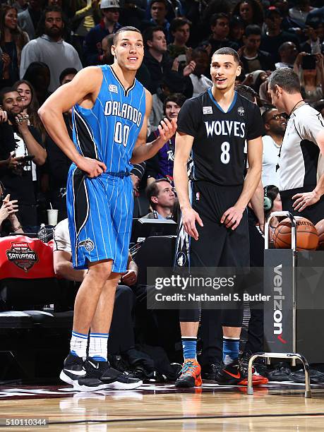 Aaron Gordon of the Orlando Magic and Zach LaVine of the Minnesota Timberwolves face off for the final round of the dunk contest during the Verizon...