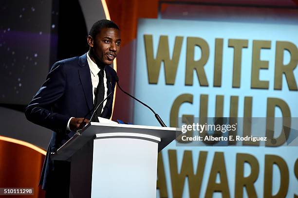 Writer/actor Jerrod Carmichael speaks onstage during the 2016 Writers Guild Awards at the Hyatt Regency Century Plaza on February 13, 2016 in Los...