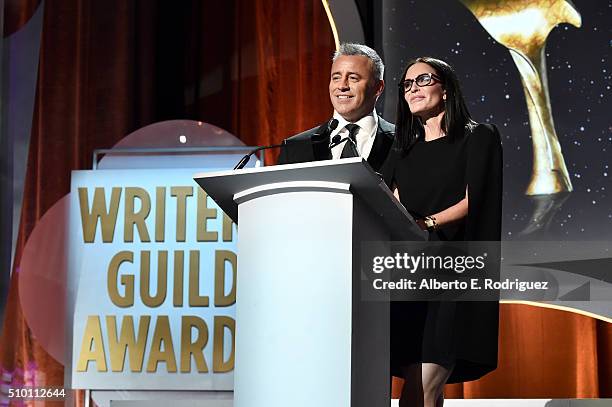 Actor Matt LeBlanc and actress Courteney Cox speak onstage during the 2016 Writers Guild Awards at the Hyatt Regency Century Plaza on February 13,...