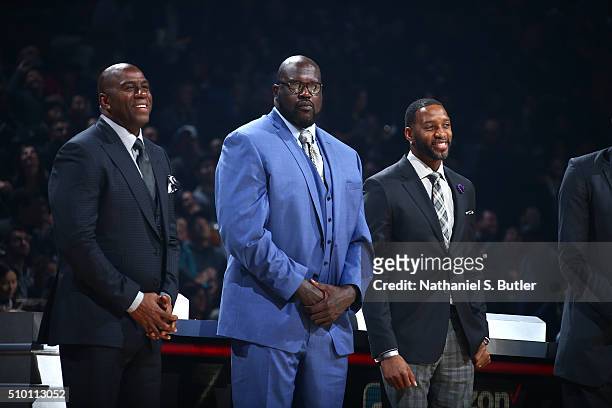 Magic Johnson, Shaquille O'Neal and Tracy McGrady are introduced as the judges for the Verizon Slam Dunk Contest during State Farm All-Star Saturday...