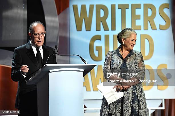 Honorees David Crane and Marta Kauffman accept the Paddy Chayefsky Laurel Award for Television Writing Achievement onstage during the 2016 Writers...