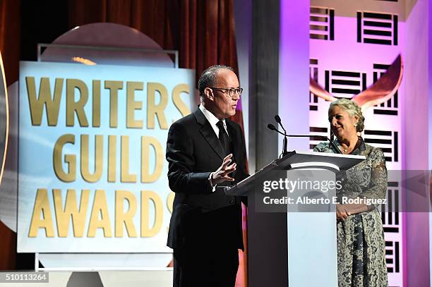 Honorees David Crane and Marta Kauffman accept the Paddy Chayefsky Laurel Award for Television Writing Achievement onstage during the 2016 Writers...