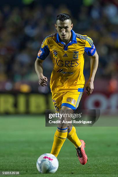 Jorge Torres Nilo of Tigres drives the ball during the 6th round match between Tigres UANL and Tijuana as part of the Clausura 2016 Liga MX at...