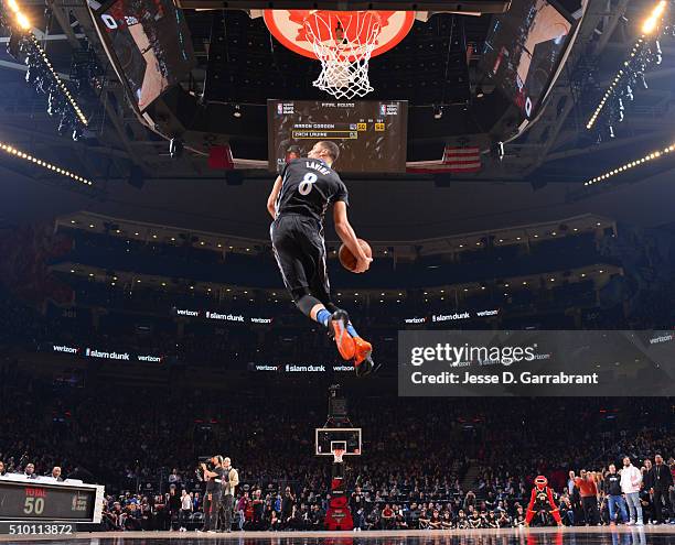 Zach LaVine of the Minnesota Timberwolves goes up for the dunk during the Verizon Slam Dunk Contest as part of the 2016 NBA All Star Weekend on...