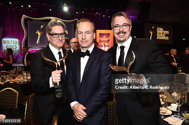 Actor/writer Bob Odenkirk poses with writers Peter Gould and Vince Gilligan , the winners of the Episodic Drama award for 'Better Call Saul,' during...