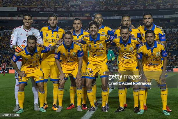 Players of Tigres pose prior the 6th round match between Tigres UANL and Tijuana as part of the Clausura 2016 Liga MX at Universitario Stadium on...