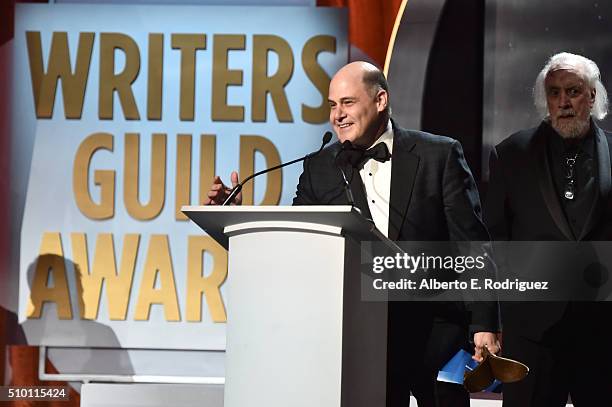 Writer Matthew Weiner accepts the Drama Series award for 'Mad Men' onstage during the 2016 Writers Guild Awards at the Hyatt Regency Century Plaza on...