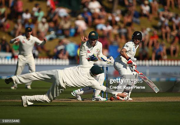 Steve Smith of Australia attempts to catch Brendon McCullum of New Zealand during day three of the Test match between New Zealand and Australia at...