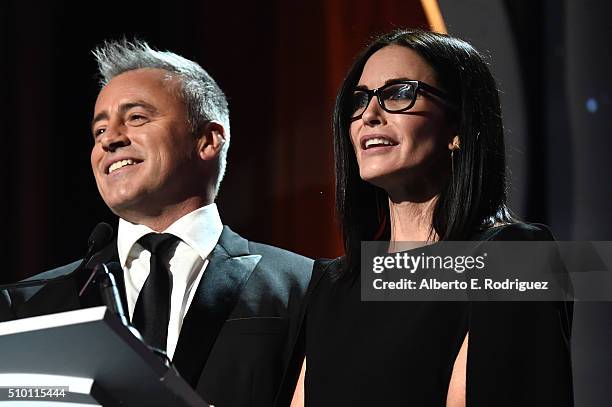 Actors Matt LeBlanc and Courtney Cox present onstage during the 2016 Writers Guild Awards at the Hyatt Regency Century Plaza on February 13, 2016 in...