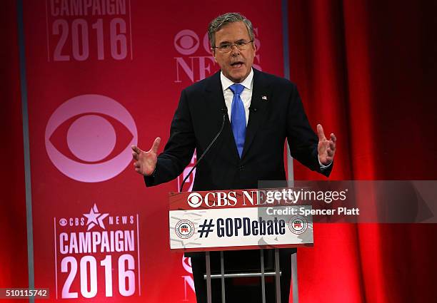 Republican presidential candidate Jeb Bush participates in a CBS News GOP Debate February 13, 2016 at the Peace Center in Greenville, South Carolina....