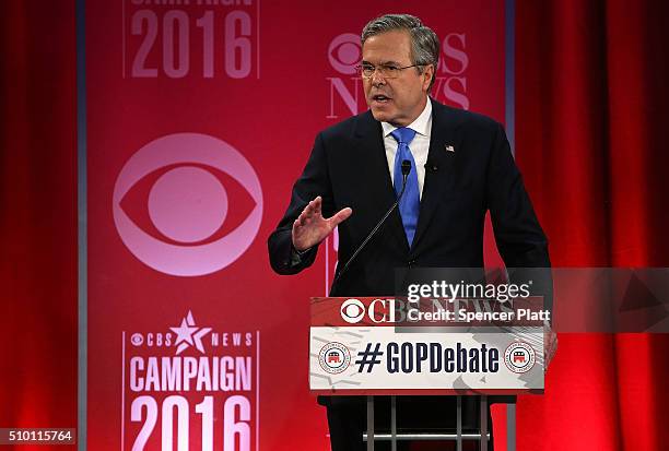 Republican presidential candidate Jeb Bush participates in a CBS News GOP Debate February 13, 2016 at the Peace Center in Greenville, South Carolina....