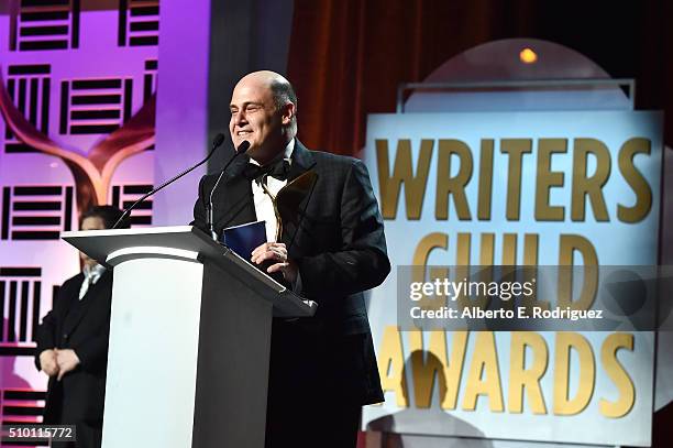 Writer Matthew Weiner accepts the award for Best Drama Series for 'Mad Men' onstage during the 2016 Writers Guild Awards at the Hyatt Regency Century...