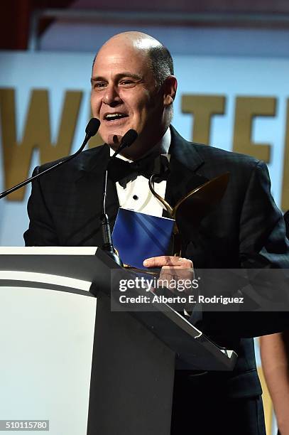 Writer Matthew Weiner accepts the award for Best Drama Series for 'Mad Men' onstage during the 2016 Writers Guild Awards at the Hyatt Regency Century...