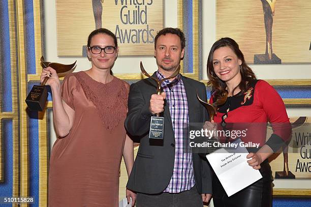 Writers Jessi Klein, Kyle Dunnigan, and Christine Nangle, recipients of the Comedy/Variety Sketch Series award for 'Inside Amy Schumer,' pose in the...