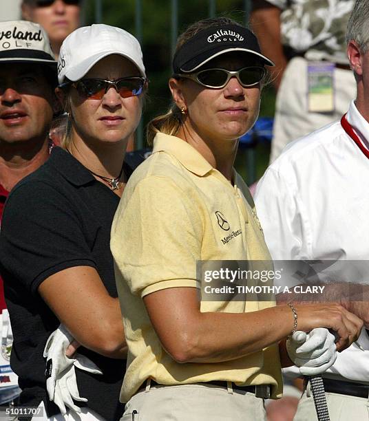 Swedish golfers Annika Sorenstam and her sister Charlotta Sorenstam watch tee shots during the 3rd day of practice rounds at the U.S Women's Open at...