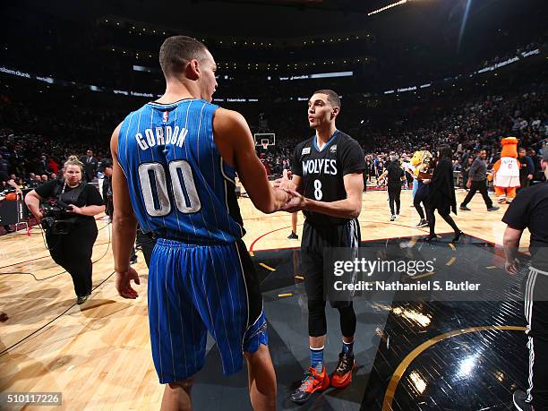 Zach LaVine of the Minnesota Timberwolves congratulates Aaron Gordon of the Orlando Magic after winning the Verizon Slam Dunk Contest during State...