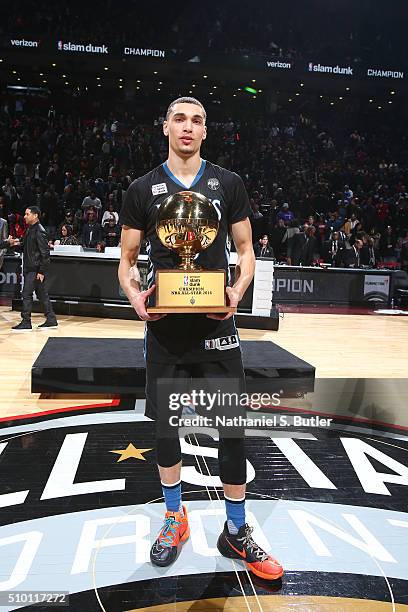 Zach LaVine of the Minnesota Timberwolves wins the Verizon Slam Dunk Contest during State Farm All-Star Saturday Night as part of the 2016 NBA...