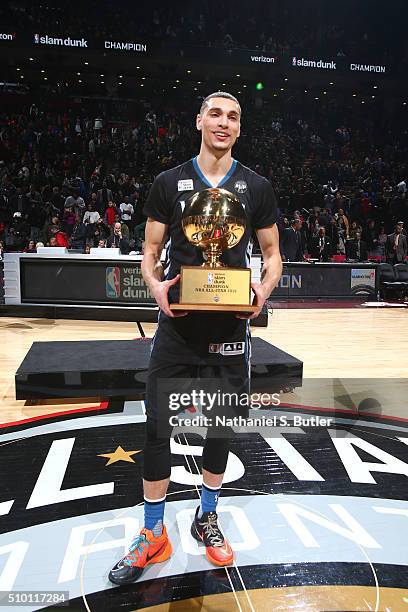 Zach LaVine of the Minnesota Timberwolves wins the Verizon Slam Dunk Contest during State Farm All-Star Saturday Night as part of the 2016 NBA...