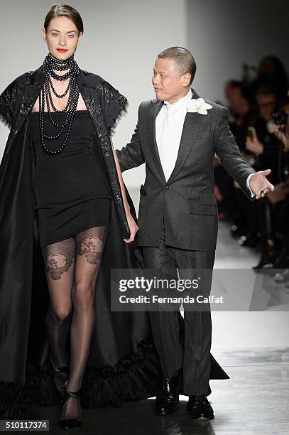 Zang Toi and model walk at Zang Toi Runway Fall 2016 at New York Fashion Week at Pier 59 Studios on February 13, 2016 in New York City.