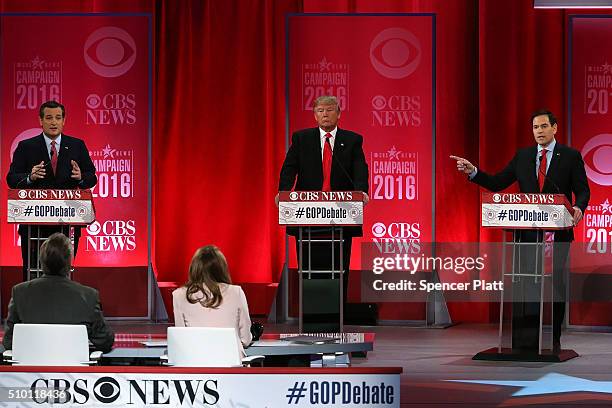 Republican presidential candidates Sen. Ted Cruz , Donald Trump and Sen. Marco Rubio participate in a CBS News GOP Debate February 13, 2016 at the...