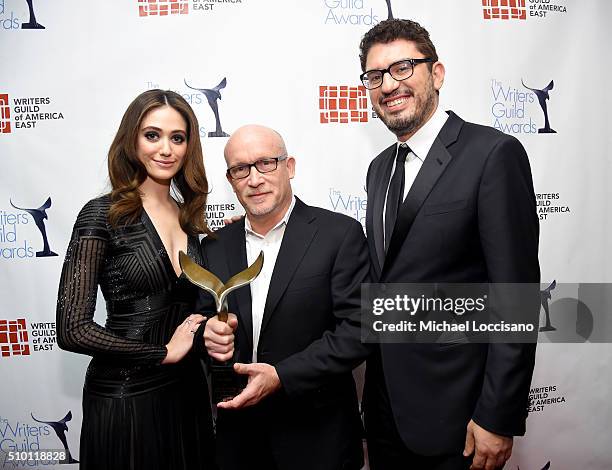 Emmy Rossum, Alex Gibney and Sam Esmail pose backstage during the 68th Annual Writers Guild Awards at Edison Ballroom on February 13, 2016 in New...