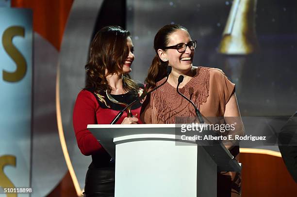 Writers Christine Nangle and Jessi Klein, recipients of the Comedy/Variety Sketch Series award for 'Inside Amy Schumer,' pose in the Press Room...