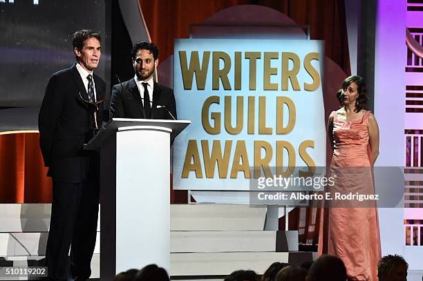 Writers Chip Johannessen and Seth Fisher, winners of the award for Outstanding Writing Original Long Form for 'Saints & Strangers,' speak onstage...