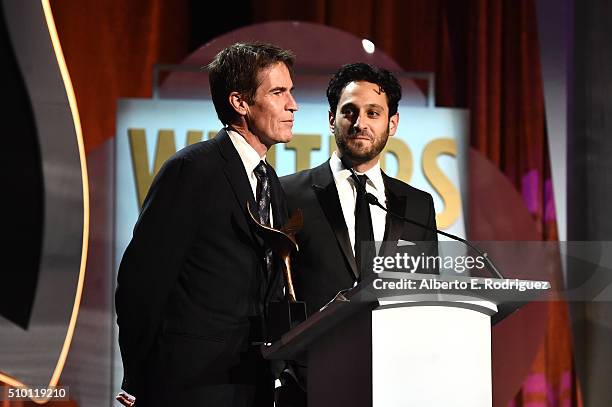 Writers Chip Johannessen and Seth Fisher, winners of the award for Outstanding Writing Original Long Form for 'Saints & Strangers,' speak onstage...