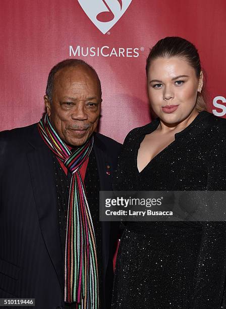 Music producer Quincy Jones and guest attend the 2016 MusiCares Person of the Year honoring Lionel Richie at the Los Angeles Convention Center on...
