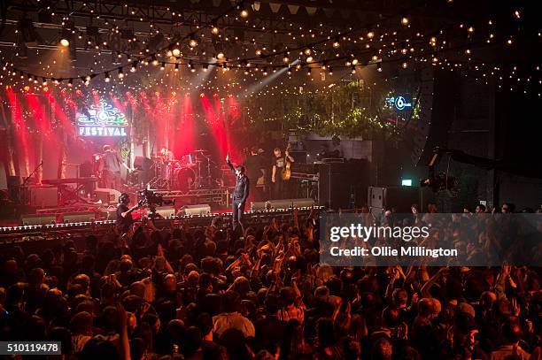 Neil Codling, Matt Osman, Brett Anderson and Simon Gilbert of Suede perform headlining day 2 of the BBC 6 Music Festival onstage at Motion on...