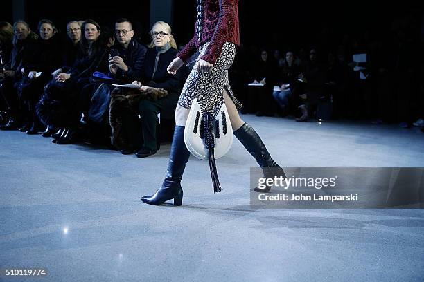 Models walk the runway, fashion, boot and bag detail, during the Altuzarra show during the Fall 2016 New York Fashion Week on February 13, 2016 in...