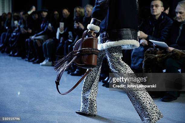 Models walk the runway, fashion and bag detail, during the Altuzarra show during the Fall 2016 New York Fashion Week on February 13, 2016 in New York...