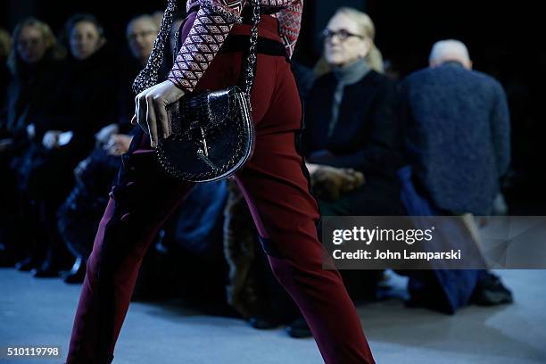 Models walk the runway, fashion and bag detail, during the Altuzarra show during the Fall 2016 New York Fashion Week on February 13, 2016 in New York...