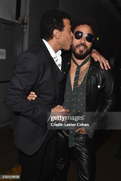 Honoree Lionel Richie and singer Lenny Kravitz attend the 2016 MusiCares Person of the Year honoring Lionel Richie at the Los Angeles Convention...