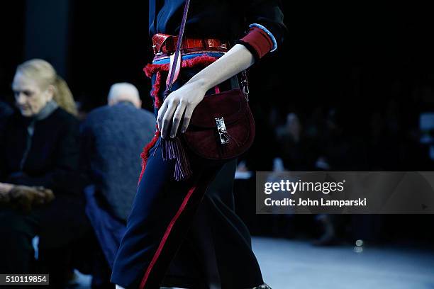 Models walk the runway, fashion and bag detail, during the Altuzarra show during the Fall 2016 New York Fashion Week on February 13, 2016 in New York...