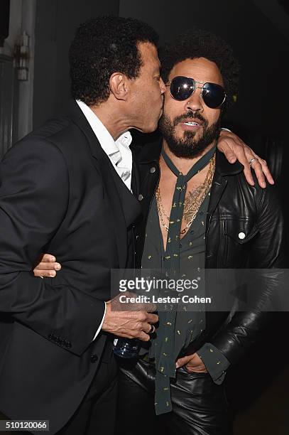 Honoree Lionel Richie and singer Lenny Kravitz attend the 2016 MusiCares Person of the Year honoring Lionel Richie at the Los Angeles Convention...