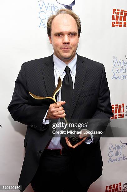 Andrew Evans poses backstage during the 68th Annual Writers Guild Awards at Edison Ballroom on February 13, 2016 in New York City.