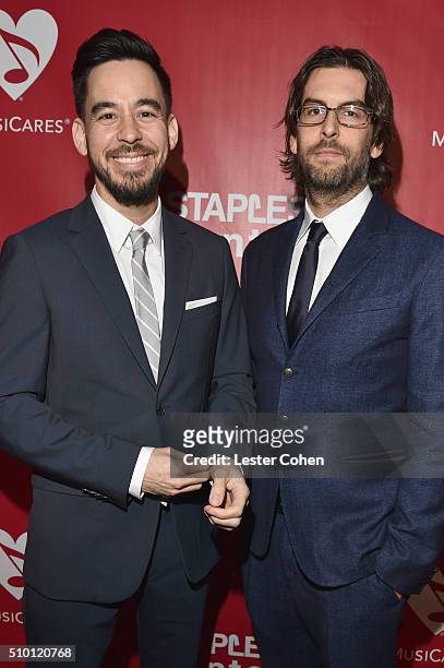 Recording artists Mike Shinoda and Rob Bourdon of Linkin Park attend the 2016 MusiCares Person of the Year honoring Lionel Richie at the Los Angeles...