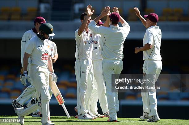 Jack Wildermuth of Queensland celebrates with team mates after taking the wicket of George Bailey of Tasmania during day one of the Sheffield Shield...